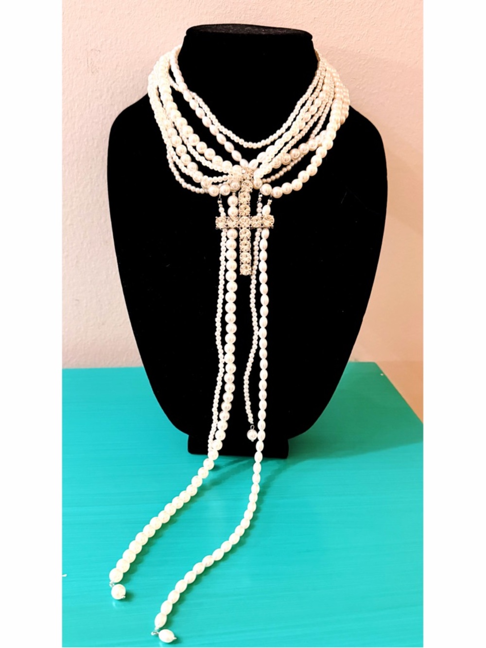 Statement Necklace Multi Faux Pearl Strand w/Large Rhinestone Cross -Adjustable - Picture 6 of 6